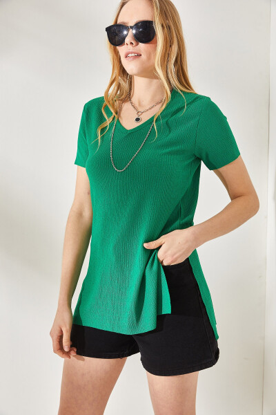 Women's Grass Green V-Neck Side Slit Textured T-Shirt TSH-19000704 - 3