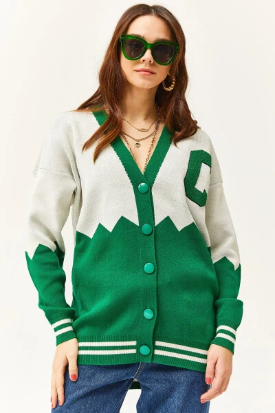 Women's Grass Green Zigzag Letter Detail Oversize Knit Cardigan HRK-19000277 - OLALOOK