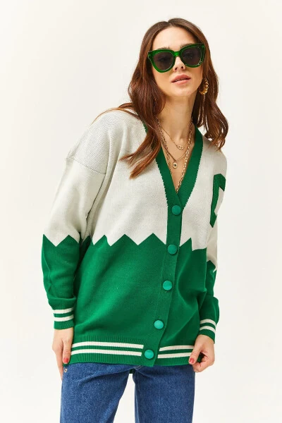 Women's Grass Green Zigzag Letter Detail Oversize Knit Cardigan HRK-19000277 - OLALOOK (1)