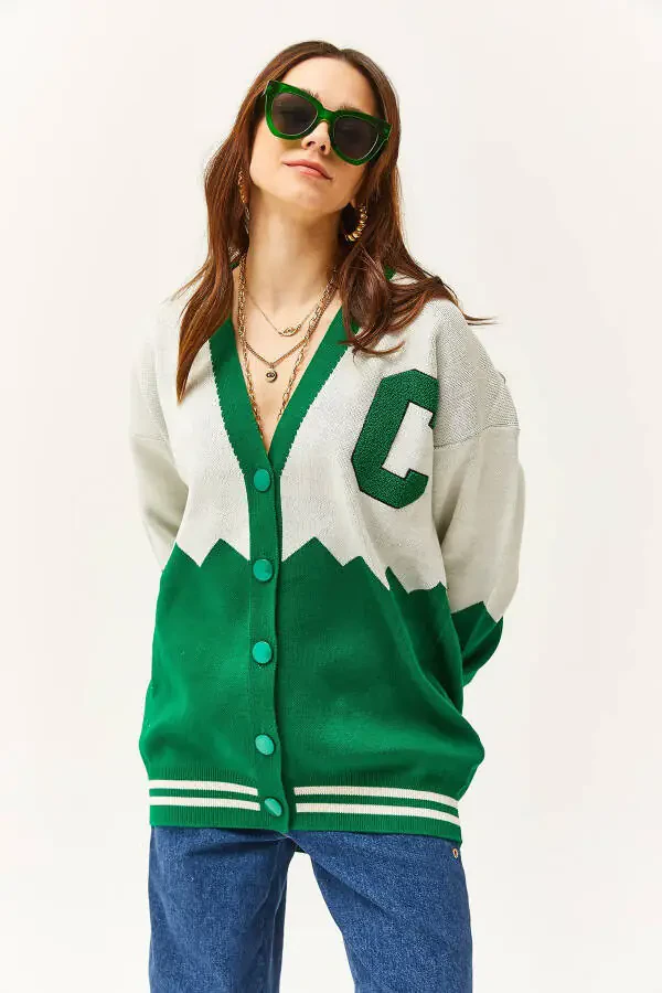 Women's Grass Green Zigzag Letter Detail Oversize Knit Cardigan HRK-19000277 - 3