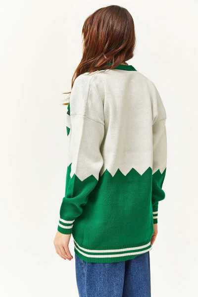 Women's Grass Green Zigzag Letter Detail Oversize Knit Cardigan HRK-19000277 - 4