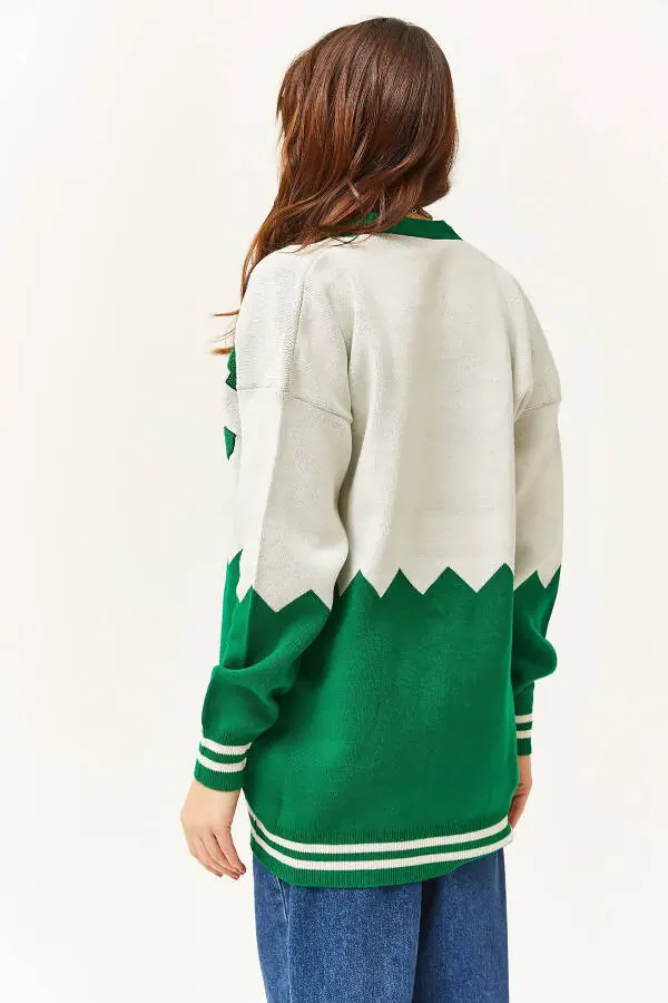 Women's Grass Green Zigzag Letter Detail Oversize Knit Cardigan HRK-19000277 - 4