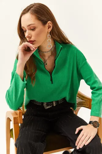 Women's Grass Green Zipped High Neck Fleece Sweatshirt-Grass Green - 3