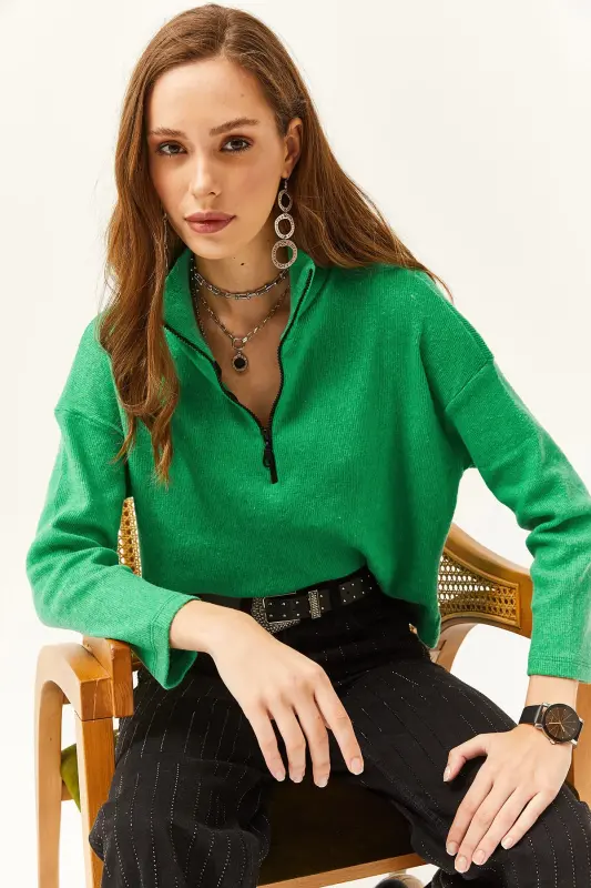 Women's Grass Green Zipped High Neck Fleece Sweatshirt-Grass Green - 4