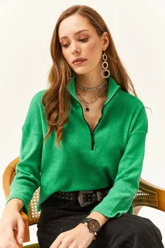 Women's Grass Green Zipped High Neck Fleece Sweatshirt-Grass Green - 6