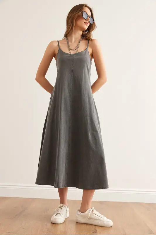 Women's Gray Adjustable Strap Washed Midi Dress - OLALOOK