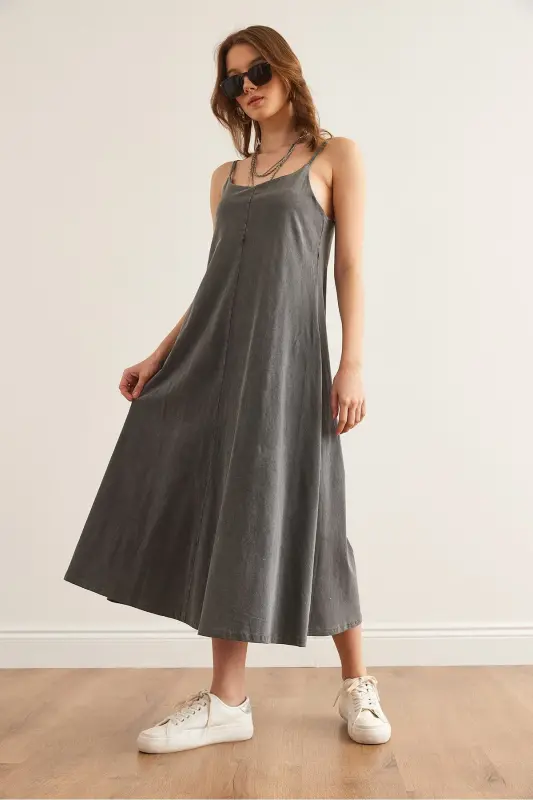 Women's Gray Adjustable Strap Washed Midi Dress - 2