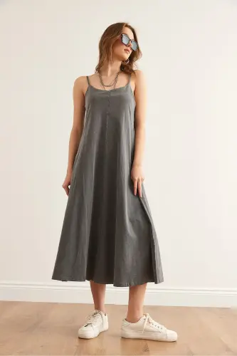 Women's Gray Adjustable Strap Washed Midi Dress - 3