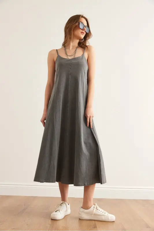 Women's Gray Adjustable Strap Washed Midi Dress - 3