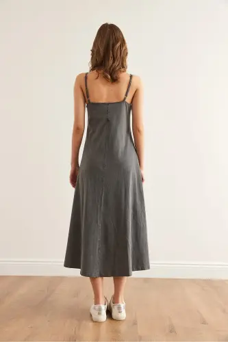 Women's Gray Adjustable Strap Washed Midi Dress - 5