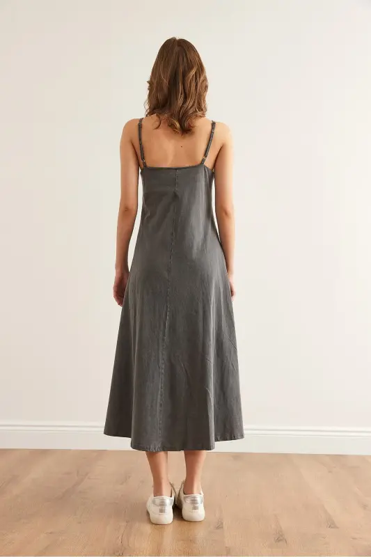 Women's Gray Adjustable Strap Washed Midi Dress - 5