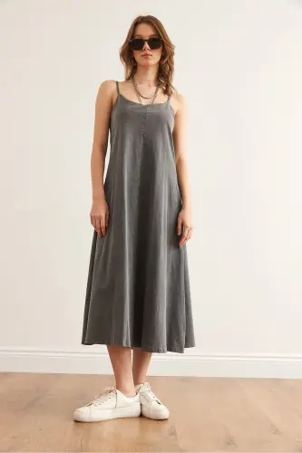 Women's Gray Adjustable Strap Washed Midi Dress - 6