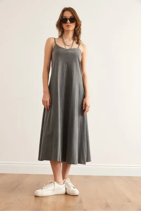 Women's Gray Adjustable Strap Washed Midi Dress - 6