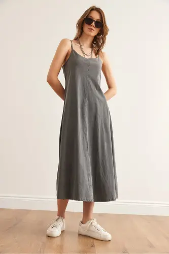 Women's Gray Adjustable Strap Washed Midi Dress - 7
