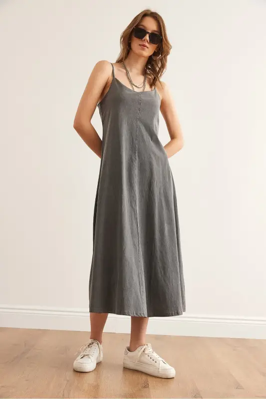 Women's Gray Adjustable Strap Washed Midi Dress - 7