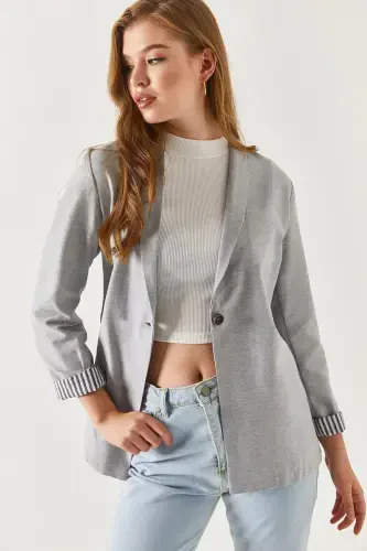 Women's Gray Arm Striped Single Button Jacket Arm-22K001122-Gray - 1