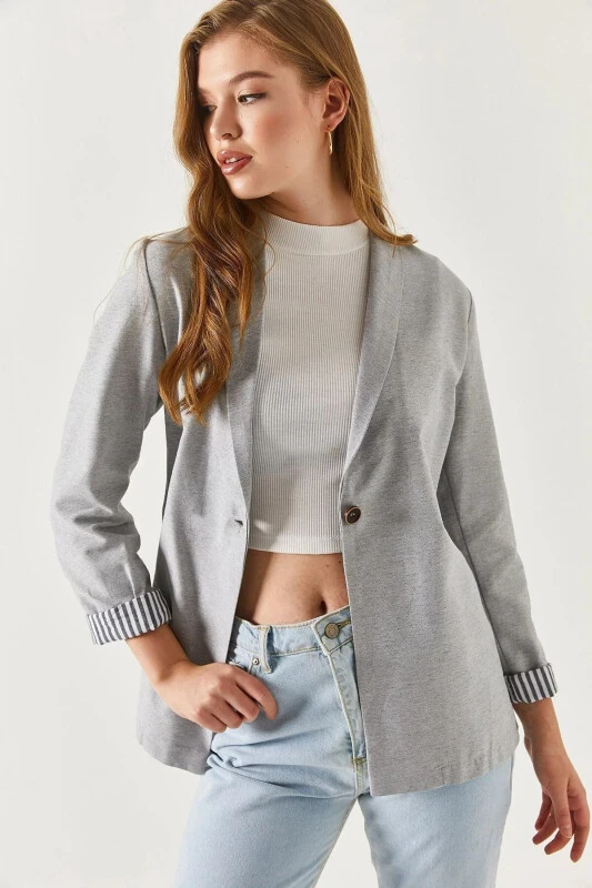 Women's Gray Arm Striped Single Button Jacket Arm-22K001122-Gray - 1