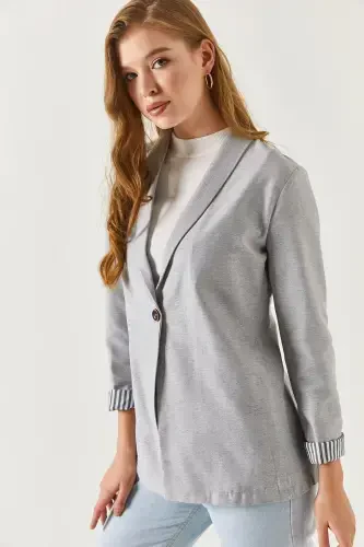 Women's Gray Arm Striped Single Button Jacket Arm-22K001122-Gray - 2
