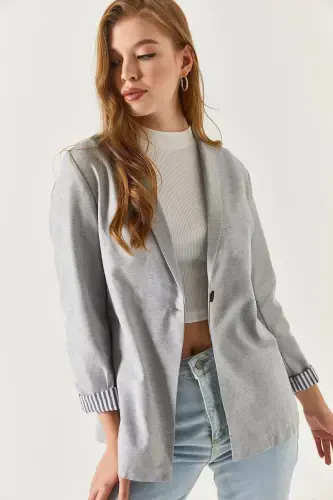 Women's Gray Arm Striped Single Button Jacket Arm-22K001122-Gray - 3