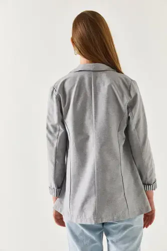 Women's Gray Arm Striped Single Button Jacket Arm-22K001122-Gray - 4