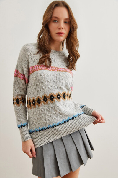 Women's Gray Baklava Patterned Cable Knit Sweater KZK-19000907 