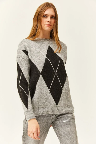 Women's Gray Baklava Patterned Chunky Knit Sweater WSW-19000763 - 4