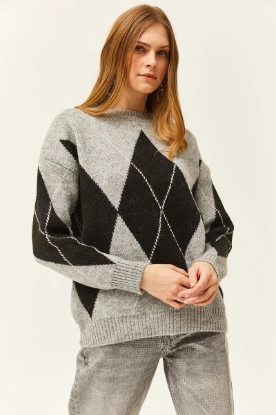 Women's Gray Baklava Patterned Chunky Knit Sweater WSW-19000763 - 5