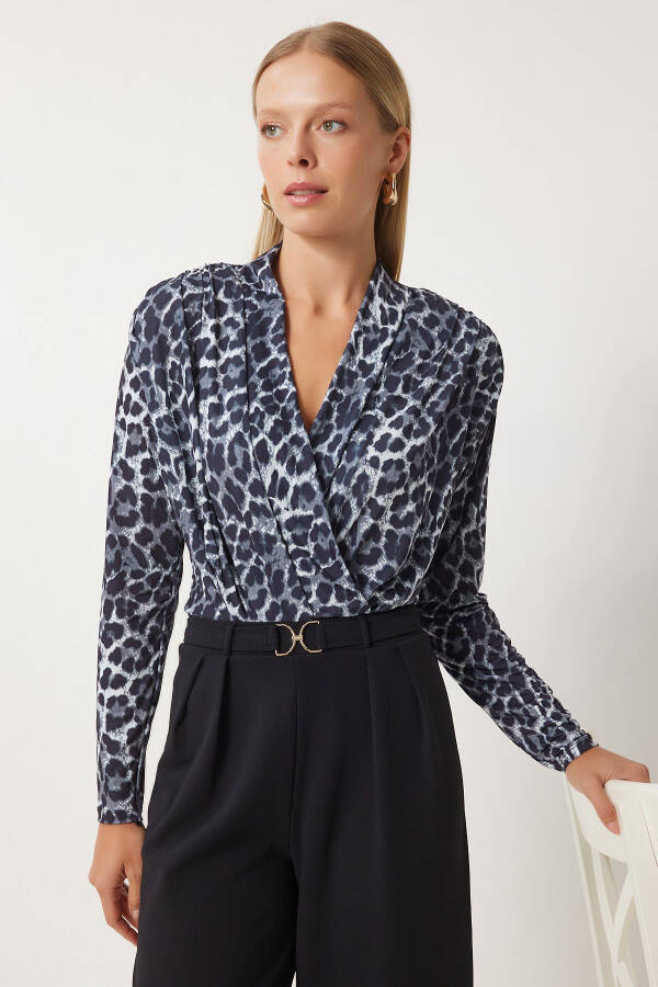 Women's Gray Black Leopard Print Envelope Neckline Frilled Snap Button Sandy Blouse ZH00040 - 1