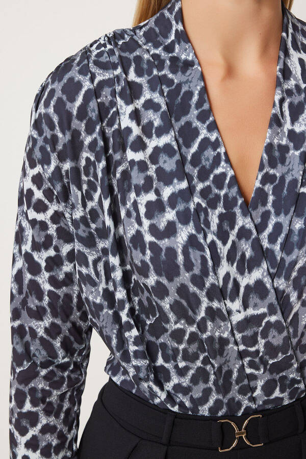Women's Gray Black Leopard Print Envelope Neckline Frilled Snap Button Sandy Blouse ZH00040 - 3