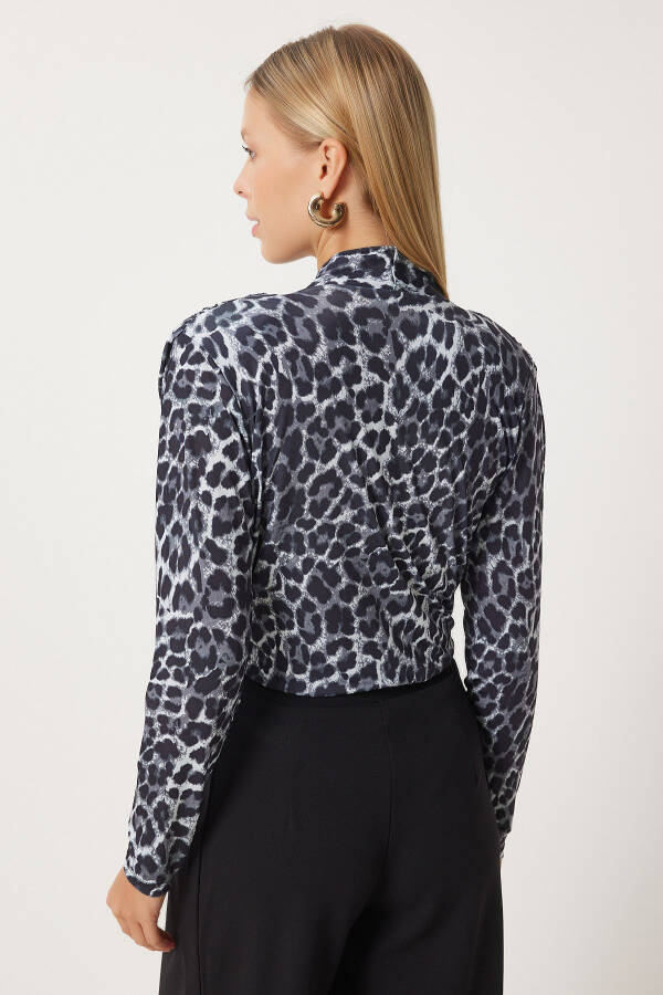 Women's Gray Black Leopard Print Envelope Neckline Frilled Snap Button Sandy Blouse ZH00040 - 4