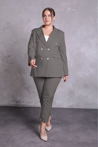 Women's Gray Blazer Jacket with Belt, Pockets, Wide Leg Pants Plus Size Suit - SİZ (1)