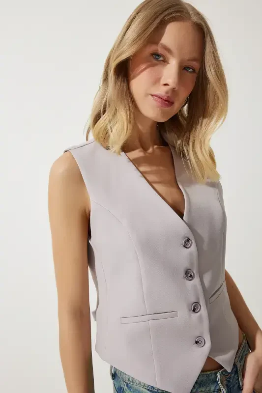 Women's Gray Bodycon Cropped Knit Vest TO00048-Gray - 2