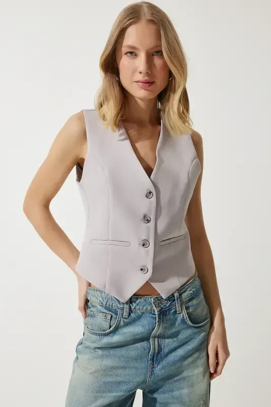 Women's Gray Bodycon Cropped Knit Vest TO00048-Gray - 5