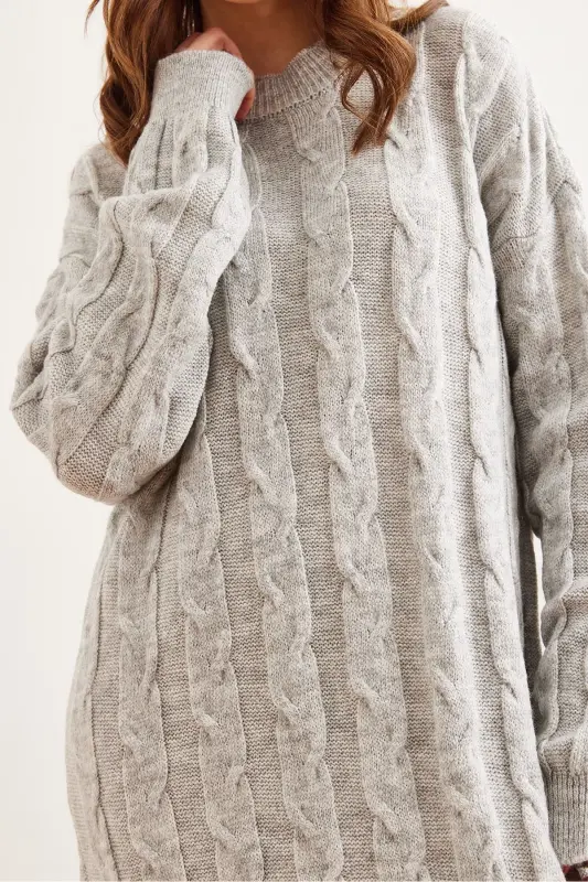 Women's Gray Braided Knit Tunic Dress CLB-190023 - 6