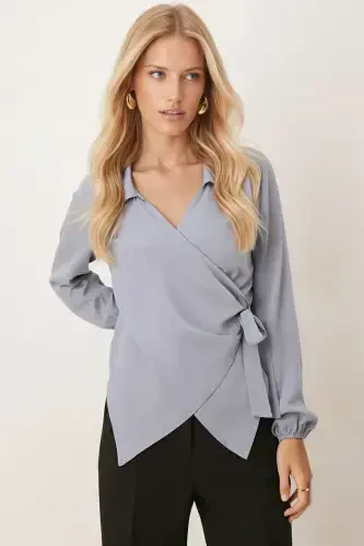 Women's Gray Collar Crossover Blouse ARM-22Y024025-Gray - 1