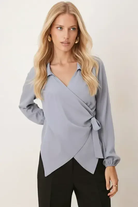 Women's Gray Collar Crossover Blouse ARM-22Y024025-Gray - 1