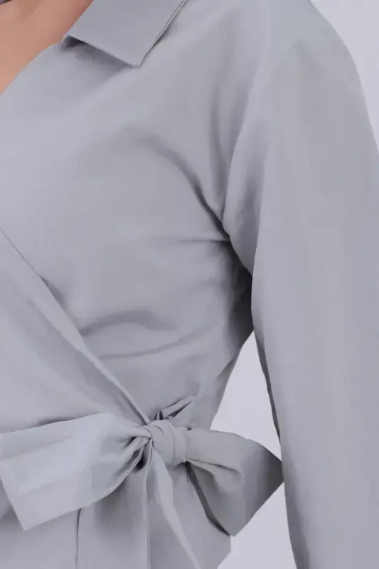 Women's Gray Collar Crossover Blouse ARM-22Y024025-Gray - 2