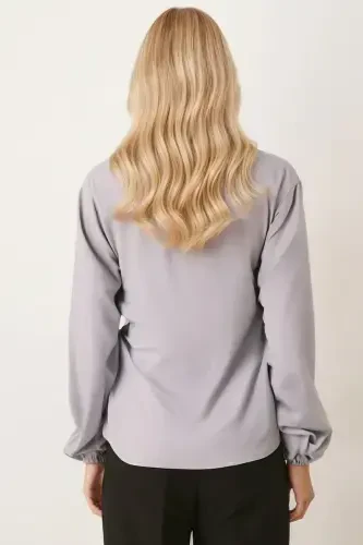 Women's Gray Collar Crossover Blouse ARM-22Y024025-Gray - 3