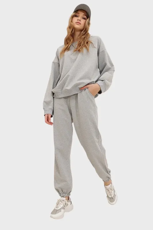 Women's Gray Crew Neck Elastic Waist and Cuff Two-Thread Basic Tracksuit ALC-507-669-001 - TREND ALAÇATI STILI