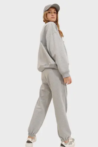 Women's Gray Crew Neck Elastic Waist and Cuff Two-Thread Basic Tracksuit ALC-507-669-001 - TREND ALAÇATI STILI (1)