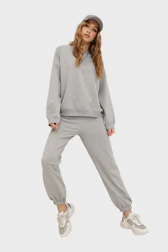 Women's Gray Crew Neck Elastic Waist and Cuff Two-Thread Basic Tracksuit ALC-507-669-001 - 6
