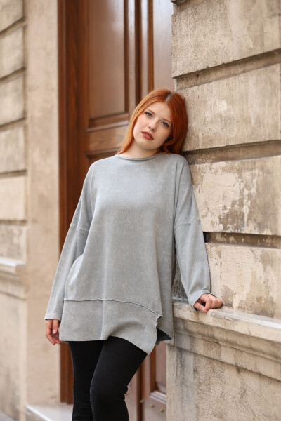 Women's Gray Crew Neck Vintage Asymmetric Oversized Casual Cotton Knit Sweater Blouse - 2