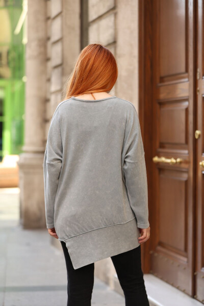 Women's Gray Crew Neck Vintage Asymmetric Oversized Casual Cotton Knit Sweater Blouse - 8