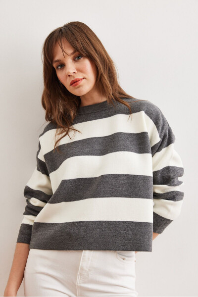 Women's Gray Crewneck Striped Sweater - OLALOOK (1)