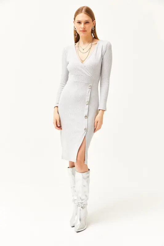 Women's Gray Crossover Collar Slit Detailed Buttoned Dress Brushed Dress ELB-19002052-Gray - 2