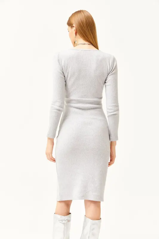 Women's Gray Crossover Collar Slit Detailed Buttoned Dress Brushed Dress ELB-19002052-Gray - 6