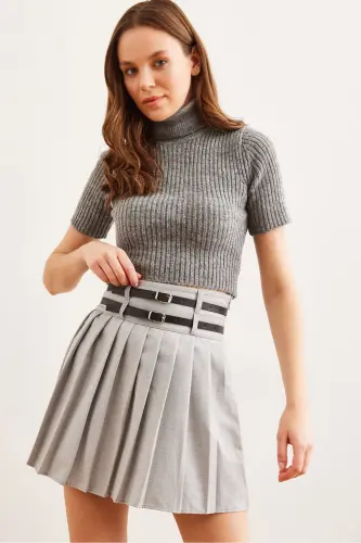 Women's Gray Double Buckled Pleated Mini Woven Skirt ETK - 1
