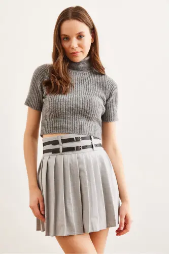 Women's Gray Double Buckled Pleated Mini Woven Skirt ETK - 4