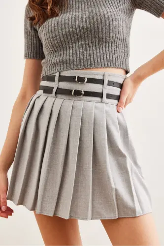 Women's Gray Double Buckled Pleated Mini Woven Skirt ETK - 6