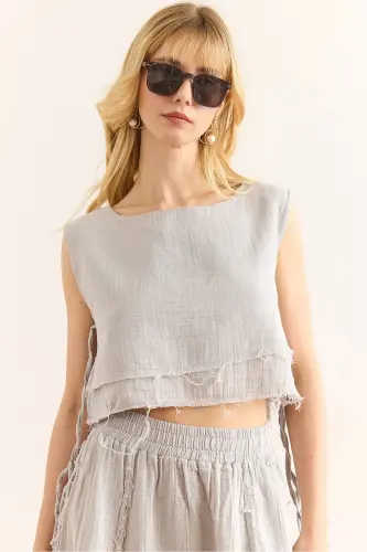 Women's Gray Double Layer Dirty Stitch Lace-up Detailed Muslin Blouse BLZ-19002924-Gray 